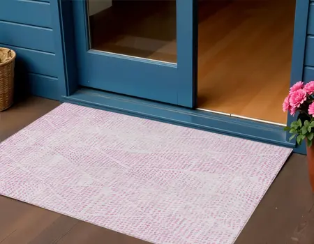 3' X 5' Pink And Ivory Geometric Washable Indoor Outdoor Area Rug