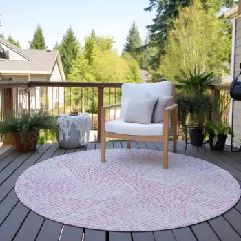 8' Pink And Ivory Round Geometric Washable Indoor Outdoor Area Rug