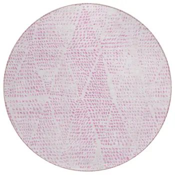 8' Pink And Ivory Round Geometric Washable Indoor Outdoor Area Rug