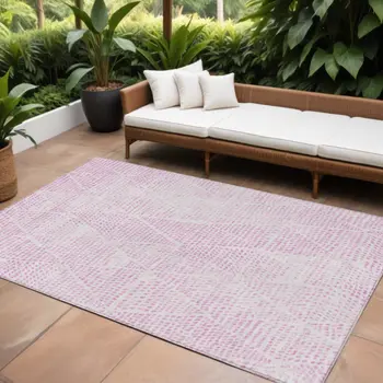 10' X 14' Pink And Ivory Geometric Washable Indoor Outdoor Area Rug