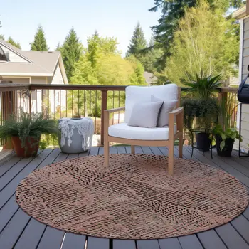 8' Salmon Charcoal And Beige Round Geometric Washable Indoor Outdoor Area Rug