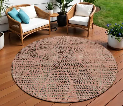 8' Salmon Charcoal And Beige Round Geometric Washable Indoor Outdoor Area Rug