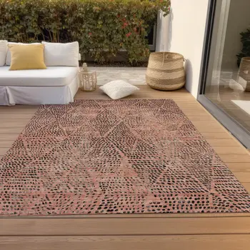 9' X 12' Salmon Charcoal And Beige Geometric Washable Indoor Outdoor Area Rug