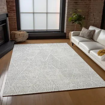 3' X 5' Silver And Ivory Geometric Washable Indoor Outdoor Area Rug