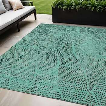 5' X 8' Teal Blue And Charcoal Geometric Washable Indoor Outdoor Area Rug