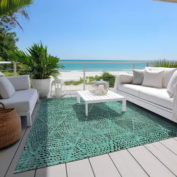 5' X 8' Teal Blue And Charcoal Geometric Washable Indoor Outdoor Area Rug