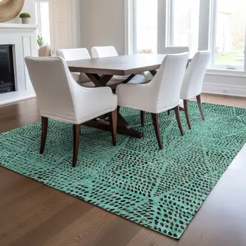 5' X 8' Teal Blue And Charcoal Geometric Washable Indoor Outdoor Area Rug