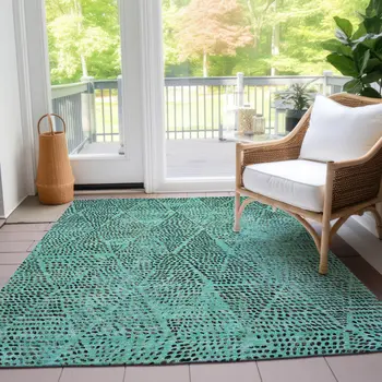 5' X 8' Teal Blue And Charcoal Geometric Washable Indoor Outdoor Area Rug