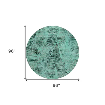 8' Teal Blue And Charcoal Round Geometric Washable Indoor Outdoor Area Rug