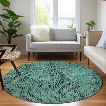 8' Teal Blue And Charcoal Round Geometric Washable Indoor Outdoor Area Rug