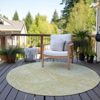 8' Wheat Gold And Ivory Round Geometric Washable Indoor Outdoor Area Rug