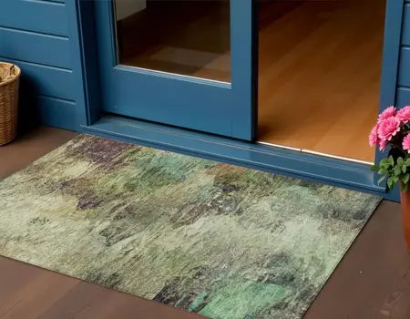 3' X 5' Beige Green And Artichoke Green Abstract Washable Indoor Outdoor Area Rug