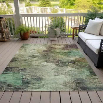 3' X 5' Beige Green And Artichoke Green Abstract Washable Indoor Outdoor Area Rug