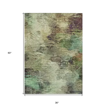 3' X 5' Beige Green And Artichoke Green Abstract Washable Indoor Outdoor Area Rug