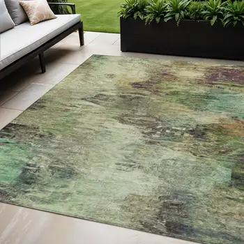 5' X 8' Beige Green And Artichoke Green Abstract Washable Indoor Outdoor Area Rug