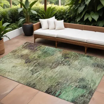 8' X 10' Beige Green And Artichoke Green Abstract Washable Indoor Outdoor Area Rug