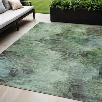 5' X 8' Green And Brown Abstract Washable Indoor Outdoor Area Rug