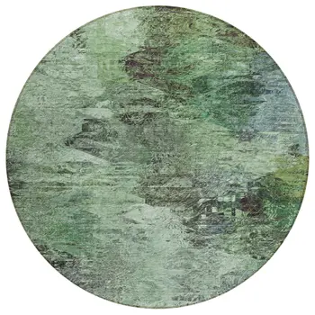 8' Green And Brown Round Abstract Washable Indoor Outdoor Area Rug
