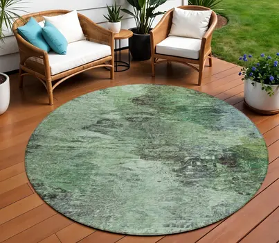 8' Green And Brown Round Abstract Washable Indoor Outdoor Area Rug