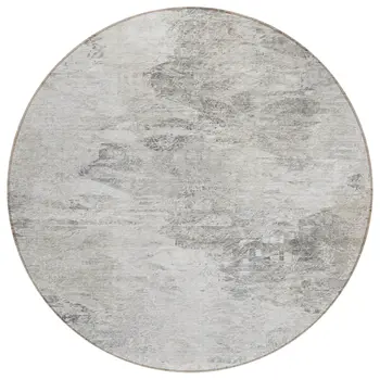 8' Silver Gray And Ivory Round Abstract Washable Indoor Outdoor Area Rug