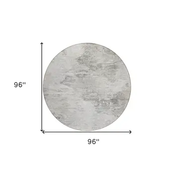 8' Silver Gray And Ivory Round Abstract Washable Indoor Outdoor Area Rug