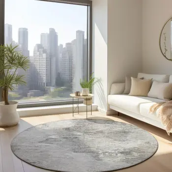 8' Silver Gray And Ivory Round Abstract Washable Indoor Outdoor Area Rug