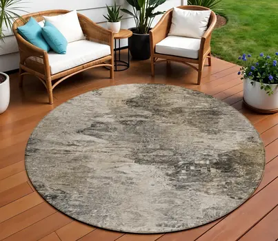 8' Taupe Beige And Brown Round Abstract Washable Indoor Outdoor Area Rug