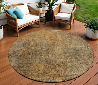 8' Brown Beige And Taupe Round Abstract Washable Indoor Outdoor Area Rug