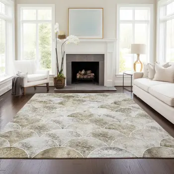 3' X 5' Beige Ivory And Tan Abstract Washable Indoor Outdoor Area Rug