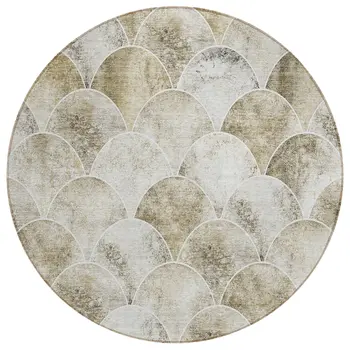 8' Beige Ivory And Tan Round Abstract Washable Indoor Outdoor Area Rug