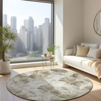 8' Beige Ivory And Tan Round Abstract Washable Indoor Outdoor Area Rug