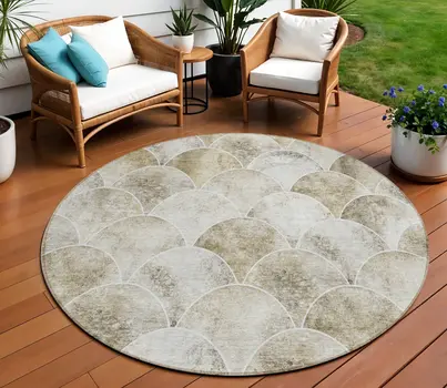 8' Beige Ivory And Tan Round Abstract Washable Indoor Outdoor Area Rug