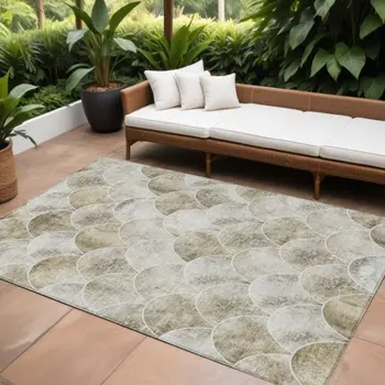8' X 10' Beige Ivory And Tan Abstract Washable Indoor Outdoor Area Rug