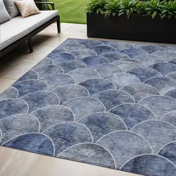 5' X 8' Denim Blue And Gray Abstract Washable Indoor Outdoor Area Rug