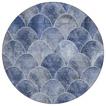 8' Denim Blue And Gray Round Abstract Washable Indoor Outdoor Area Rug