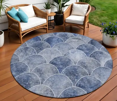 8' Denim Blue And Gray Round Abstract Washable Indoor Outdoor Area Rug