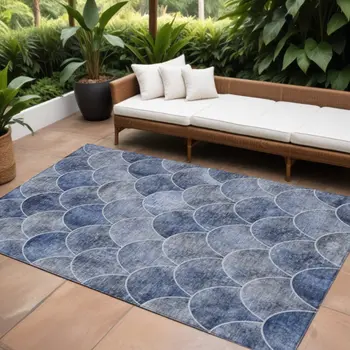 8' X 10' Denim Blue And Gray Abstract Washable Indoor Outdoor Area Rug