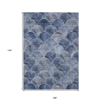 9' X 12' Denim Blue And Gray Abstract Washable Indoor Outdoor Area Rug