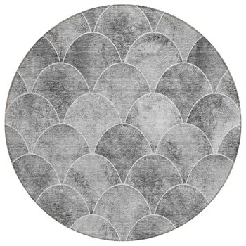 8' Gray Charcoal And Ivory Round Abstract Washable Indoor Outdoor Area Rug