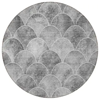 8' Gray Charcoal And Ivory Round Abstract Washable Indoor Outdoor Area Rug