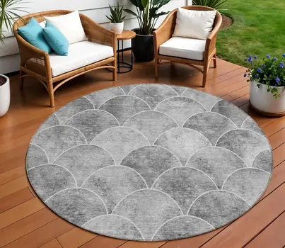 8' Gray Charcoal And Ivory Round Abstract Washable Indoor Outdoor Area Rug