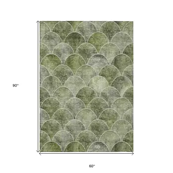 5' X 8' Green And Ivory Abstract Washable Indoor Outdoor Area Rug