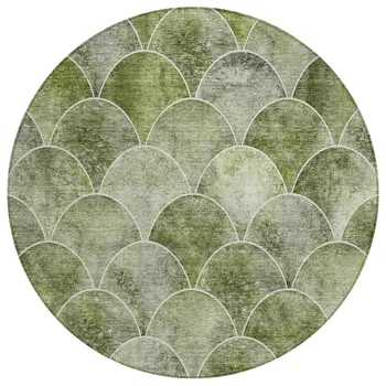 8' Green And Ivory Round Abstract Washable Indoor Outdoor Area Rug