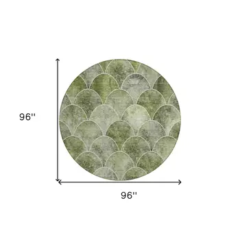 8' Green And Ivory Round Abstract Washable Indoor Outdoor Area Rug