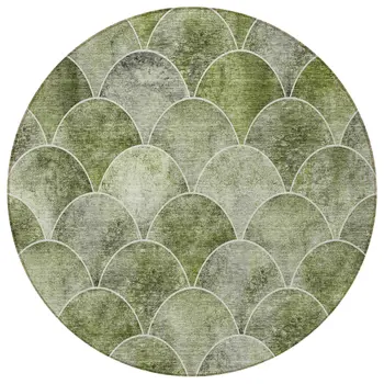 8' Green And Ivory Round Abstract Washable Indoor Outdoor Area Rug