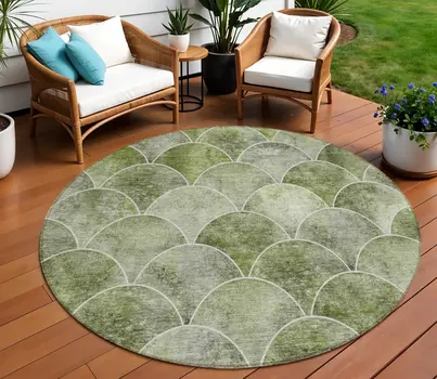 8' Green And Ivory Round Abstract Washable Indoor Outdoor Area Rug