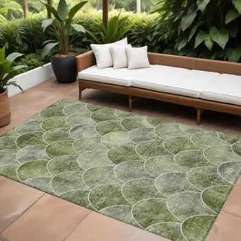 8' X 10' Green And Ivory Abstract Washable Indoor Outdoor Area Rug