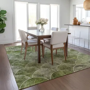 9' X 12' Green And Ivory Abstract Washable Indoor Outdoor Area Rug