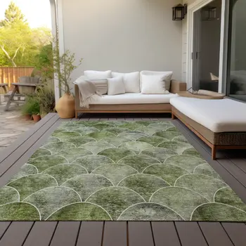 9' X 12' Green And Ivory Abstract Washable Indoor Outdoor Area Rug