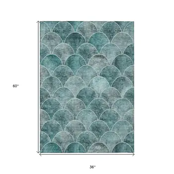 3' X 5' Teal Blue Aqua And Gray Abstract Washable Indoor Outdoor Area Rug